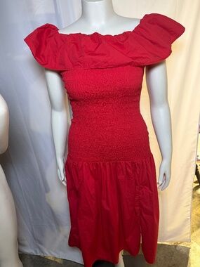 ASTR The Label Off The Shoulder Cotton Midi Dress in Cherry Red